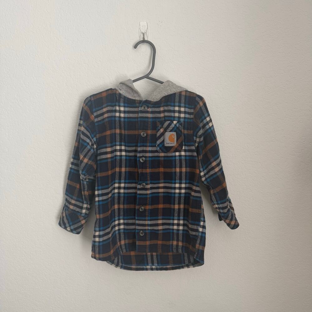 Carhartt Boys Size 4 Plaid Hooded Flannel Shirt Jacket Blue Brown
